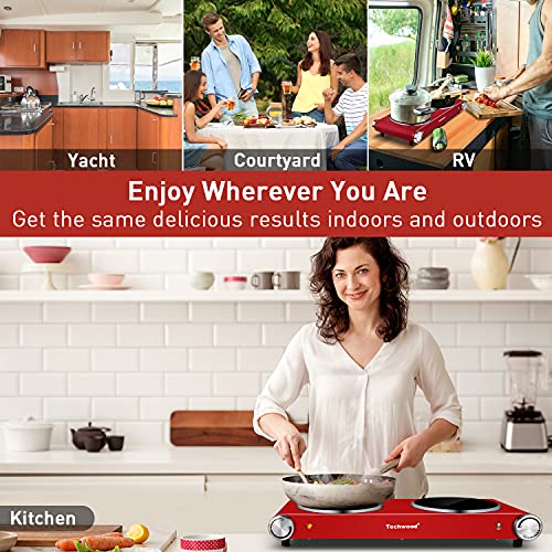 Hot Plate, Techwood 1800W Dual Electric Stoves, Countertop Stove Double Burner for Cooking, Infrared Ceramic Hot Plates Double Cooktop, Red, Brushed Stainless Steel Easy To Clean Upgraded Version, Red - color: Red, size: Red Double Burner