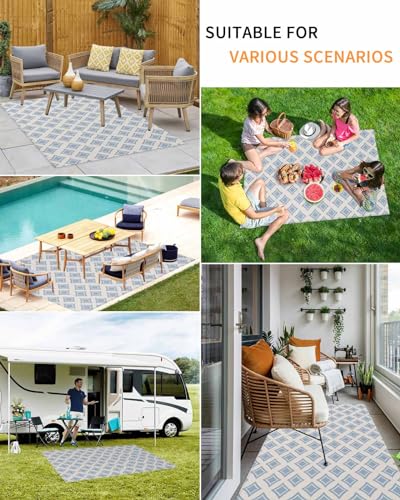 Outdoor Rug 5'x8' for Patio Clearance Large Outside Rug Chenille Patio Rugs Indoor Outdoor Carpet Artistic Geometric Rhombus Texture Blue Area Rugs for Camping Porch Deck Balcony - color: Abstractidt3395, size: 5' x 8' (Rectangular)