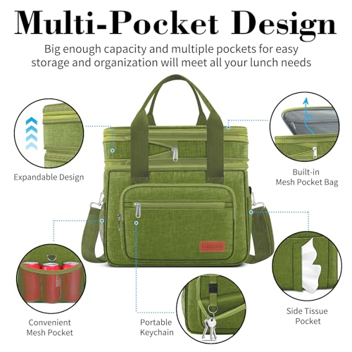 Coobiiya Insulated Lunch Box for Men & Women, Leakproof Lunch Bag Cooler Bag with 4 Pockets,Heavy Duty Lunch Bags Men Cooler Bags for Camping, Travel, Work Kayaking & Beach - color: Green, size: X Large – 23L (Double-Layer)