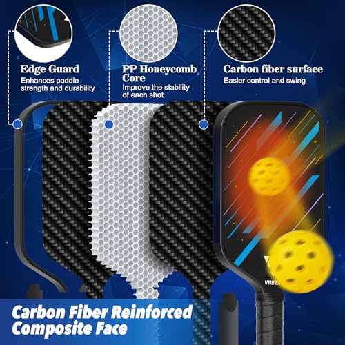 Pickleball Paddles Set of 4, Carbon Fiber Pickle Ball Paddle Set, Lightweight Indoor Outdoor Play Rackets Equipment 4 Pack with 4 Balls & Bag Family Beginner Christmas Men Women Kids Adult Gift