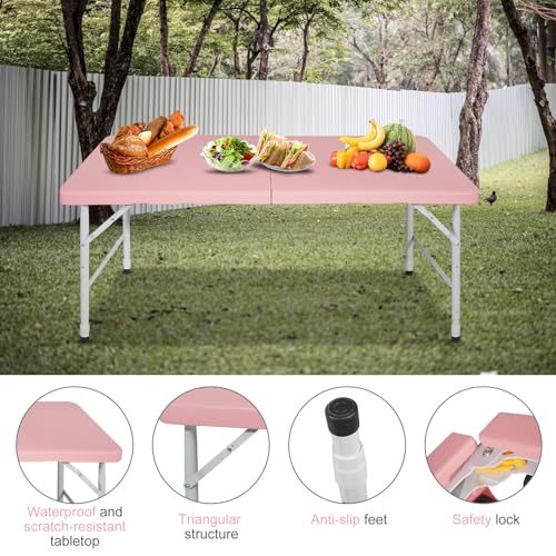 Portable 4Ft Folding Table, Heavy Duty Plastic Fold-in-Half Utility Foldable Table Small, Adjustable Height Plastic Folding Table with Carrying Handle for Camping & Party Indoor/Outdoor (Pink) - color: Pink, size: 4Ft