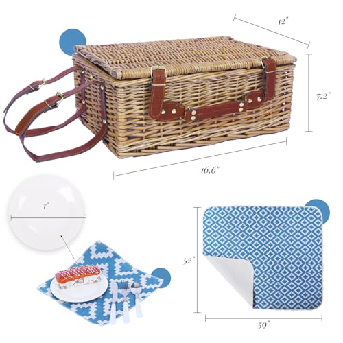 Neti Neti Wicker Picnic Basket for 4 with Insulated Cooler & Waterproof Blanket – Large Willow Picnic Hamper for Outdoor, Camping, Beach, Romantic Dates, Valentine’s Day - color: Blue Rhombus