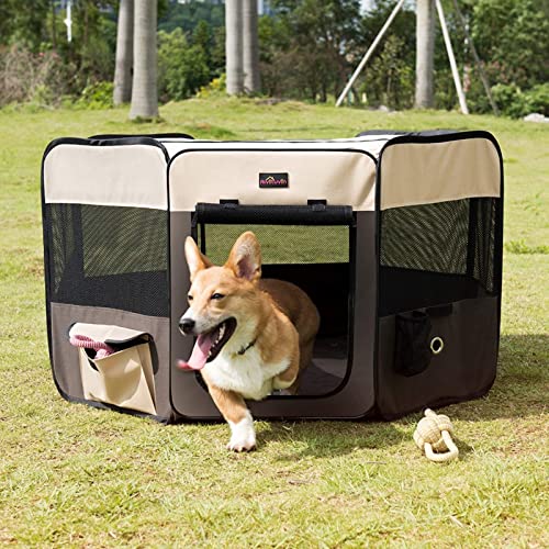Aivituvin Dog Playpen, Foldable Pet Play Pens with Carrying Bag for Cat, Puppies, Rabbits, Portable Dog Tent Crates Cage for Travel Camping Indoor Outdoor, Removable Shade Cover, Brown M - color: BROWN, size: M