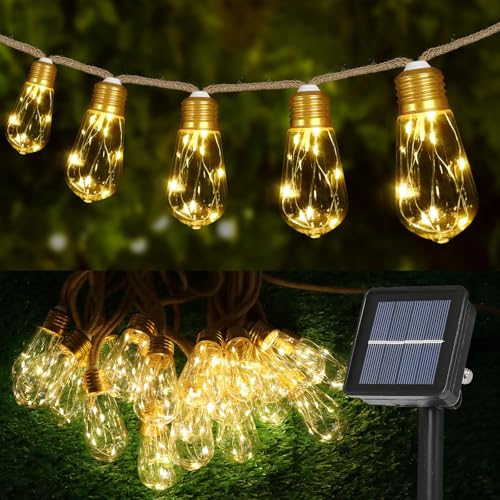 Solar String Lights, Solar Outdoor String Lights, 24FT Solar Powered Patio Lights with 20 Shatterproof Bulbs, Waterproof Vintage Rope Hemp & 8 Modes for Garden Fence Balcony Camping (Warm White) - color: Solar-Warm White