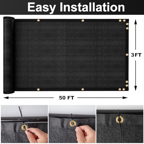 SPORTYOUTH 3ft x 50ft Fence Privacy Screen, Heavy Duty 150 GSM Fencing Mesh Shade Cover Windscreen with Brass Grommets for Outdoor Wall Deck Garden Backyard Porch, Cable Zip Ties Include, Black - color: Black