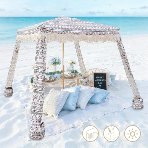 AMMSUN Beach Cabana with Fringe, 7' x 7' Boho Beach Canopy with Tassels, Easy Set up & Premium Wood Pole, Cabana Tent with Sand Pockets, Instant Sun Shade for Sand, Garden, Patio, Tan - color: Tan