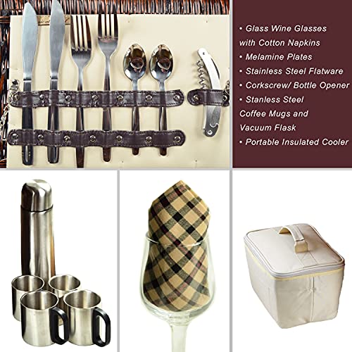 Picnic at Ascot Buckingham Willow Picnic Basket with Service for 4 and Coffee Service - Blue Stripe - color: Brown Wicker- London Plaid Plates/Napkins