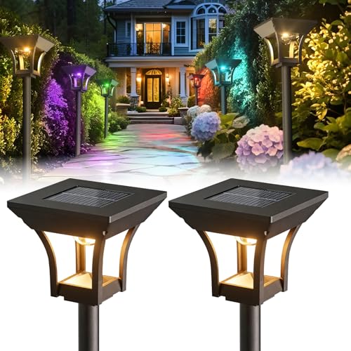 CINOTON 2 Pack RGBCW Solar Pathway Outdoor Lights, 3 Lighting Modes Solar LED Garden Light, IP65 Waterproof Outside Solar Powered Landscape Lighting for Patio Walkway Yard Driveway RGB/Warm/Cold White - color: Multicolor, size: 2 Pack