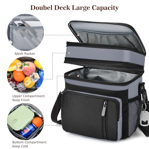 Lunch Box & Lunch Bag for Men Women, Large Insulated Adult Lunch Box, Leakproof Cooler Lunchbox with Bottle Opener for Work Picnic Beach, 16L, Gray - color: Gray & Black