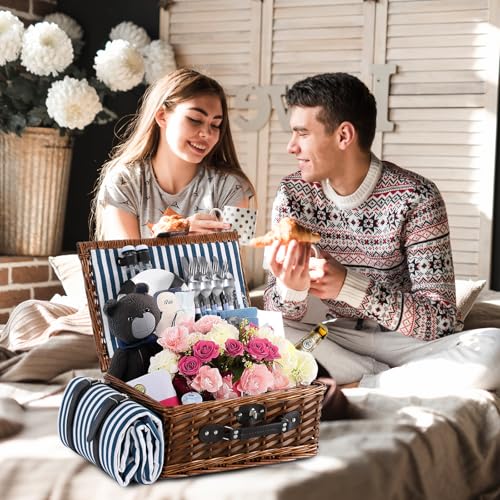 Picnic Basket for 4 with Waterproof Picnic Blanket and Insulated Cooler, Wicker Picnic Set, Willow Hamper for Camping, Outdoors, Photoshoot, or a Birthday, Mother's Day, Wedding Gift, Blue - color: Blue＆white Stripe