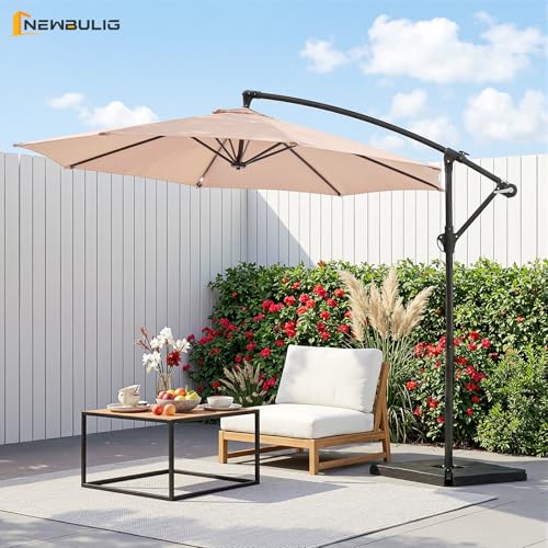 NEWBULIG 10FT Patio Umbrella, Offset Cantilever Outdoor Patio Table Umbrella, UV Protection, Fade Resistant Fabric, Easy Tilt Adjustment for Pool, Deck, Garden, Backyard - color: Khaki, size: 10FT-with 4 Bases