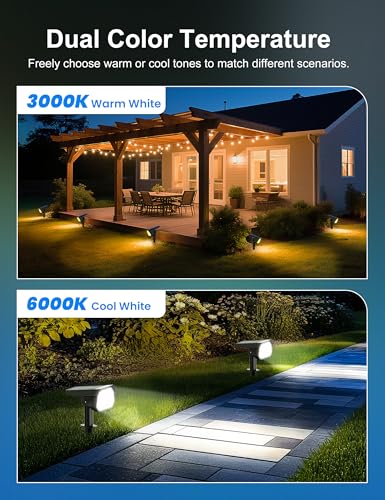 Brightown 4Pack Solar Spot Lights Outdoor [Cool & Warm Light 2-in-1], IP67 Solar Lights Outdoor Waterproof with 1800mAh, Two Mounting Methods Outdoor Solar Lights for Yard, Garden and Pathway - color: 2 Colors: Cool White & Warm White, size: 4 Pack