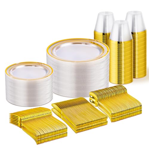 WELLIFE 450 PCS Clear Gold Disposable Dinnerware Set for 75 Guests, Clear and Gold Plastic Plates for Party, 75 Dinner & Salad Plates, Cups, Spoons Forks Knives for Wedding and Party Anniversary - color: Clear Gold, size: 75 Guests