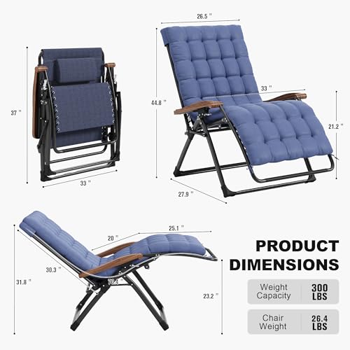 PURPLE LEAF Extra Wide Outdoor Reclining Chair Patio Zero Gravity Chaise Lounge Folding Chair with Removable Cushion Adjustable Headrest for Lawn Camping Beach Pool Navy Blue - color: Navy Blue - 1 Chair, size: Extra Wide – Thick Cushion