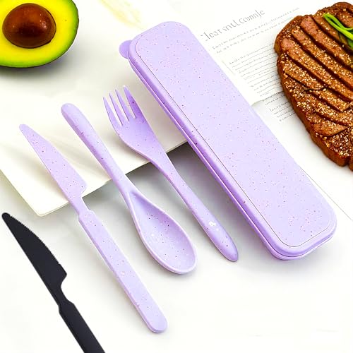 Travel Utensils Set - Reusable 5 Sets Wheat Straw Plastic Cutlery with Case, Portable Forks Spoons and Knives Set, Eco-Friendly BPA Free for Daily Use (Red,Purple,Black,Orange,Yellow) - color: Red,Purple,Black,Orange,Yellow