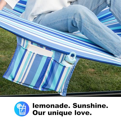 GAFETE 2 Person Hammock with Stand for Outside, 12ft Heavy Duty Steel Stand, Double Hammocks with Hardwood Spreader Bar, Large Removable Pillow, Side Pockets, Max 475 lbs Capacity (Ocean Blue) - color: Ocean Blue