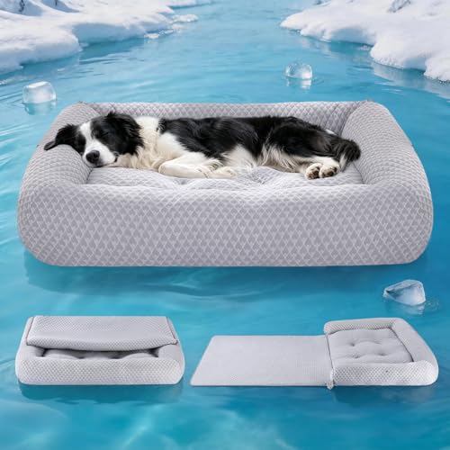 Rywell Cooling Dog Beds for Large Dogs, 35" x 28", Orthopedic Bed with 3-in-1 Adjustable Design, Cooling Mat with Arc-Chill Tech (Q-Max>0.5), Non-Slip & Fully Machine Washable, Grey - size: Large