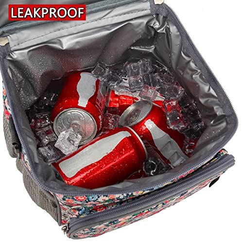 FlowFly Insulated Reusable Lunch Bag Adult Large Lunch Box for Women and Men with Adjustable Shoulder Strap,Front Zipper Pocket and Dual Large Mesh Side Pockets,Floral - color: Floral