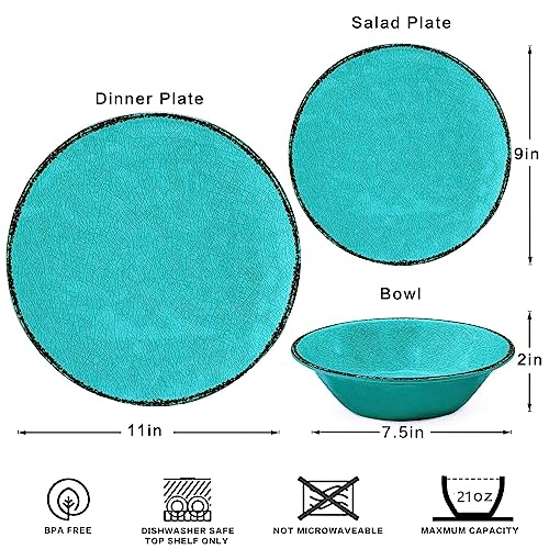 LEHAHA Rustic Melamine Dinnerware Sets, 12-piece Dishes Plastic Dinnerware Set for 4, Break-resistant Plates and Bowls Set, Outdoor Casual & Party Use Kitchen Dishes Set, Teal… - color: Teal