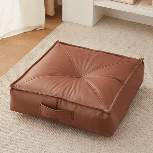 Extra Thick Floor Cushion Booster Cushion,6" Thick Faux Leather Seat Pad Portable Meditation Cushion,Square/Round Bean Bag Cushion for Living Room Bedroom (Square-Brown,20x20x6inch) - color: Square-brown, size: 20x20x6inch