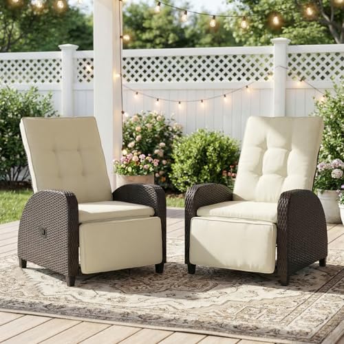 Green4ever 2-Peices Outdoor Patio Recliner with Adjustable Backrest, All-Weather Wicker Patio Chair with Side Table, 160° Lay Flat Patio Reclining Lounge Chair for Garden Backyard, Beige - color: Beige, size: 3 Pieces