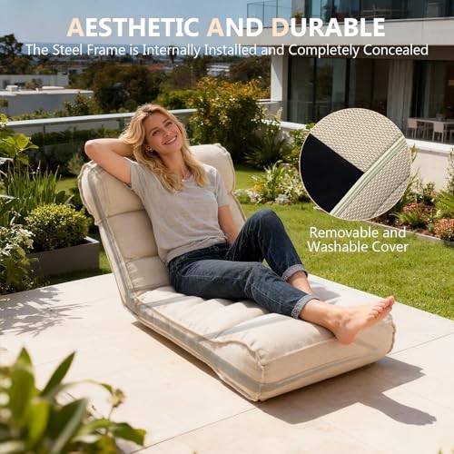 Dineli 83'' Outdoor Chaise Lounge Chair with 5 Positions Adjustable Backrest Patio Lounger Lounge Chairs for Outside, Pool Lounge Chairs Sunbed Lounge Waterproof Sun Loungers for Garden Beach, Beige - color: Beige W Backrest