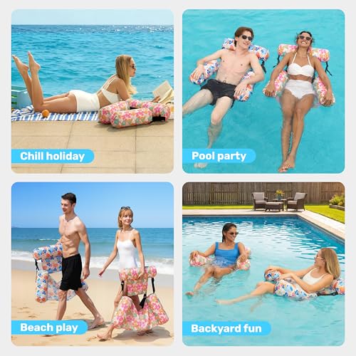 SLOOSH Inflatable Pool Floats Adult,2 Packs Floating Lounge Chairs,Blow up Pool Noodles for Adult Heavy Duty,Floating Chair for Party Summer Water Beach Lake Fun - style: Tropical Flowers