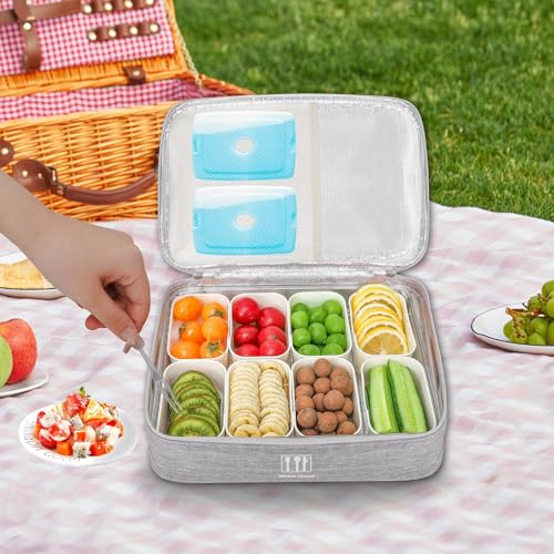 Snack Box Container with Insulated Cooler Bag, Divided Serving Tray with Lid and Handle Beach Essentials, Snackle Box Veggie Fruit Tray with 8 Compartments & 8 Forks & 2 Spoon - size: Medium