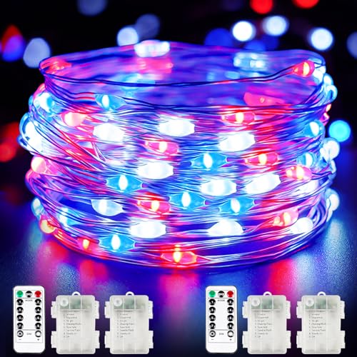 4 Pack Red White and Blue Fairy Lights Battery Operated with Remote, 33FT Waterproof 100 LED Patriotic String Lights with Timer & 8 Modes Outdoor Indoor for Independence Day 4th of July Decorations - color: Red Blue White, size: 4 Pack