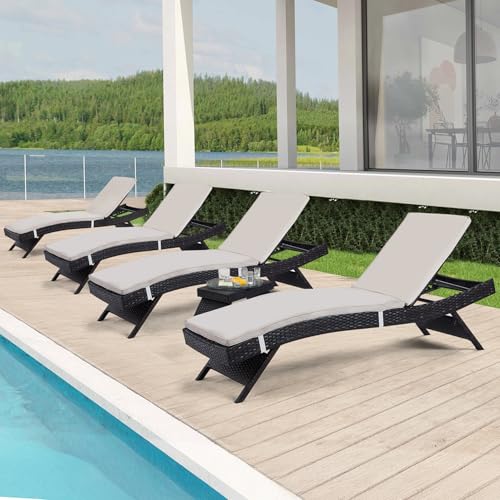 Outdoor Chaise Lounge Chairs + Coffee Table Set of 5 Pieces with Detachable Cushions, Pool Sunbathing Recliners PE Rattan Patio Loungers Wicker for Outside Porch Backyard Poolside Deck Porch - color: 4 Chairs + 4 Cushions + 1 Table
