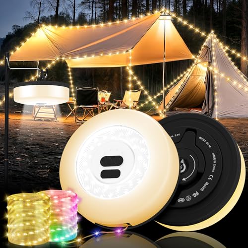 Camping String Lights, 4 in 1 Quick Storage Camping Essentials Gear 32.8FT Rechargeable Tent Lights with 9 Modes Hanging Waterproof LED Camp Lamp for Camping Hiking Patio Garden Festival-Black - color: Warm & RGB-Black, size: 1PACK