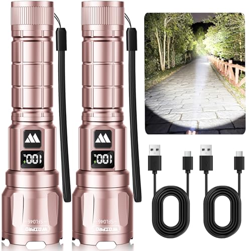 WdtPro LED Rechargeable Flashlight 2 Pack, 3 Modes Super Bright High Lumens Flashlights, Zoomable Tactical Flash Light with LCD Display, IP65 Waterproof Flashlights for Home Emergency Camping - Pink - color: Pink