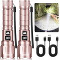 WdtPro LED Rechargeable Flashlight 2 Pack, 3 Modes Super Bright High Lumens Flashlights, Zoomable Tactical Flash Light with LCD Display, IP65 Waterproof Flashlights for Home Emergency Camping - Pink - color: Pink
