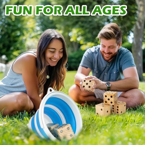 ropoda 3.5" Giant Wooden Yard Dice Set for Outdoor Fun, Barbeque, Party Events, Backyard Games, Lawn Games Includes 6 Dice, Collapsible Bucket, Score Cards & Dry Erase Marker