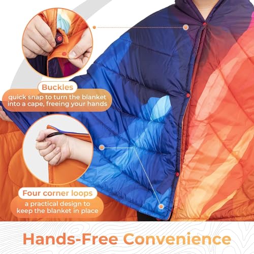 KingCamp Ultralight Camping Blanket, Packable Down Alternative Puffy Printed Wearable Blanket with Snap Buttons & Corner Loops Weatherproof Quilt for Outdoor Travel Stadium (78.7"L x 57.1"W, PEAK) - color: Scenictrail-peak, size: 79" x 57"