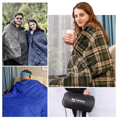 DUKUSEEK Hooded Outdoor Blanket, Waterproof Camping Blanket, Quilted, Thick Fleece, Warm, Windproof, Sand Proof, Portable and Wear-Resistant, Perfect for Stadium, Picnic, Camping - color: Dark Blue Outer With Blue Plaid Fleece
