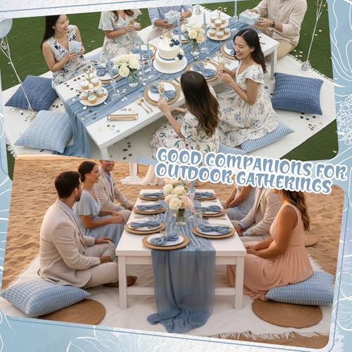 Beeveer 91 x 71 Extra Large Outdoor Boho Picnic Blanket with Gray Blue Table Runner, 6 Throw Pillow Covers 6 Napkins Woven Cotton Yarn Oversize Beach Blanket Washable Picnic Camp Wedding - color: Gray Blue