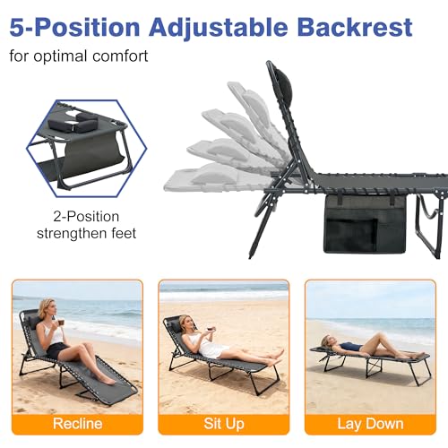 Face Down Folding Lounges Chair Set of 2, 5-Position Adjustable Sunbathing, Foldable Tanning Chair with Face& Arm Holes, Breathable Mesh Seat Recliner Chair for Lawn Beach Patio Pool Outside - color: Black&hole