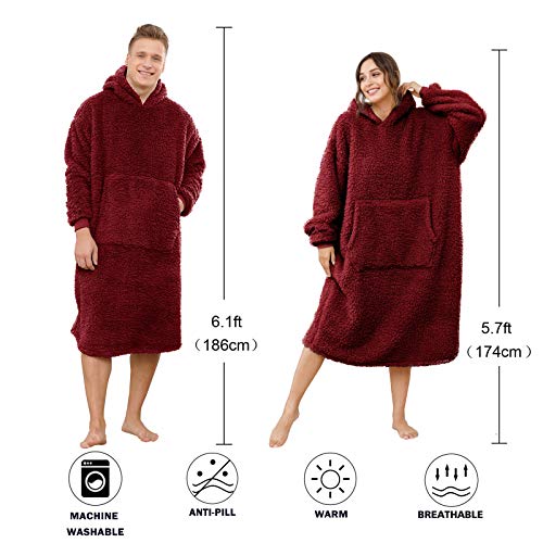 Sherpa Wearable Blanket Oversized Hoodie Sweatshirt TV Blanket with Long Sleeves and Pocket -WineRed - color: Winered