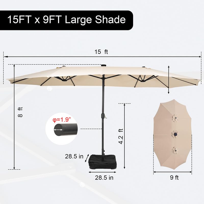 Sundale Outdoor 15ft Large Patio Umbrella with Base Included and Umbrella Cover, Outdoor Double-Sided Umbrella - color: Off-white