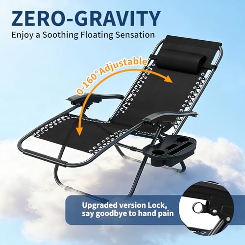 Garvee Zero Gravity Chair Set of 2, Patio Lounge Chair Outdoor with Pillow & Cup Holder Tray, Adjustable Reclining Chair, Folding Portable Camping Chair for Deck, Beach, Yard, Garden - Black - color: Black