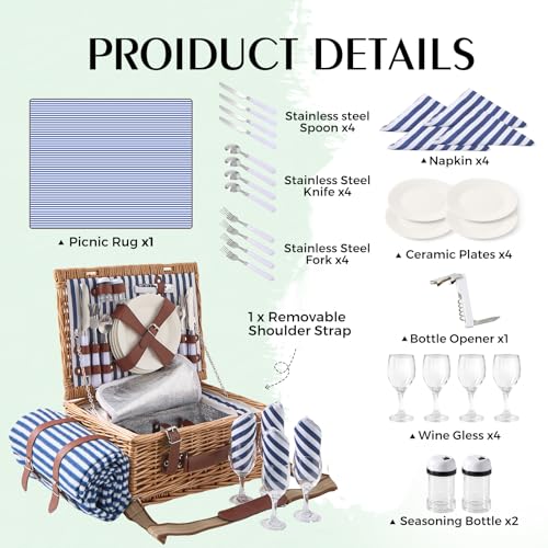 Willow Picnic Basket Set for 4 with Large Insulated Bag and Waterproof Picnic Blanket, Wicker Picnic Hamper for Camping, Outdoor, Birthday, Valentine, Navy - color: Navy With Blanket, size: For 4 Persons