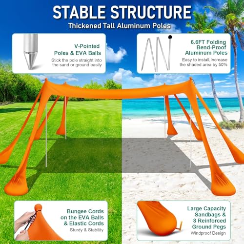 Beach Tent Sun Shelter Beach Canopy Tent Sun Shade Pop Up 10x10 UPF50+ with 8 Sandbags-2 Sand Shovel-Portable 4 Aluminum Poles-Ground Pegs-Easy Setup for Outdoor Family Camping Fishing Picnic - color: Orange