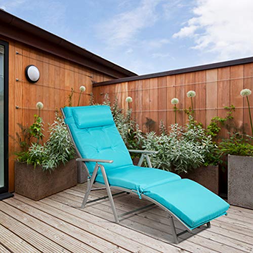 Tangkula Outdoor Folding Chaise Lounge Chair, Lightweight Recliner Chair w/ 7 Adjustable Backrest Positions, Patio Reclining Beach w/Removable Cushion & Pillow for Patio Poolside No Assembly Required - color: Turquoise
