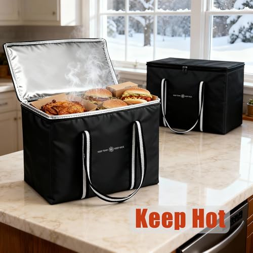 Insulated Food Delivery Bag, Large Durable Reusable Shopping Grocery Bag with Zipper – Foldable Thermal Cooler Bag for Hot & Cold Food, Pizza Delivery & Catering - color: Black 1