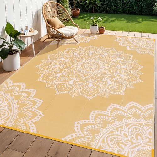 Yamaziot Waterproof Outdoor Rug 6x9 ft, Reversible Plastic Straw Rug for Patio Clearance, Camping, RV Mat, Large Outside Rug Carpet for Porch, Deck, Backyard, Balcony, Picnic, Yellow - color: Yellow, size: 6' x9'