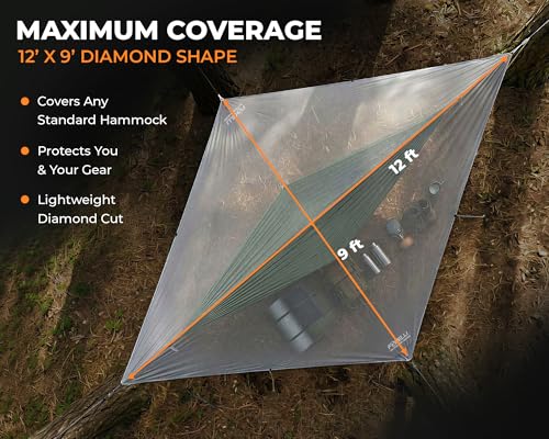 Foxelli Hammock Rain Fly - Waterproof Lightweight Tent & Hammock Rain Tarp for Camping, Backpacking w/Easy Setup Including Extra Long Guy Lines & Stakes