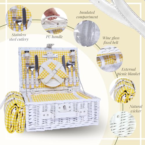 Picnic Basket Set for 4 with Waterproof Blanket Mat Insulation Bag Wicker White Yellow Light Fresh Gifts for Wedding Birthday Summer Camp Outdoor Camping Beach Travel Christmas Thanksgiving - color: Yellow Grid