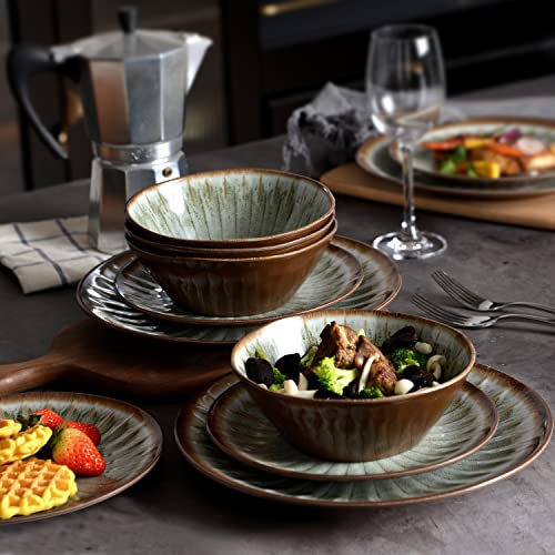 Melamine Dinnerware Sets for 4,12 Pcs Party Plates and Bowls Sets,Outdoor Use Harvest Dinner Dishes Set,Great for RVs Camping,Lightweight Unbreakable,Dishwasher Safe,Sage Green - color: Classic Green