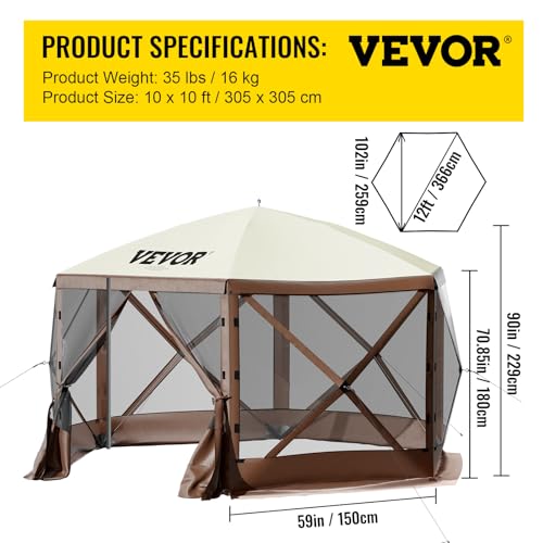 VEVOR Pop Up Gazebo Screen Tent, Pop-Up Instant Gazebo Tents with Mosquito Netting Outdoor Canopy, 6 Sided Sun Shelter 10x10ft with 6 Removable Wind Cloths & 2 Mesh Windows, Pavilion Tent for Patio - color: Brown, size: 10x10ft